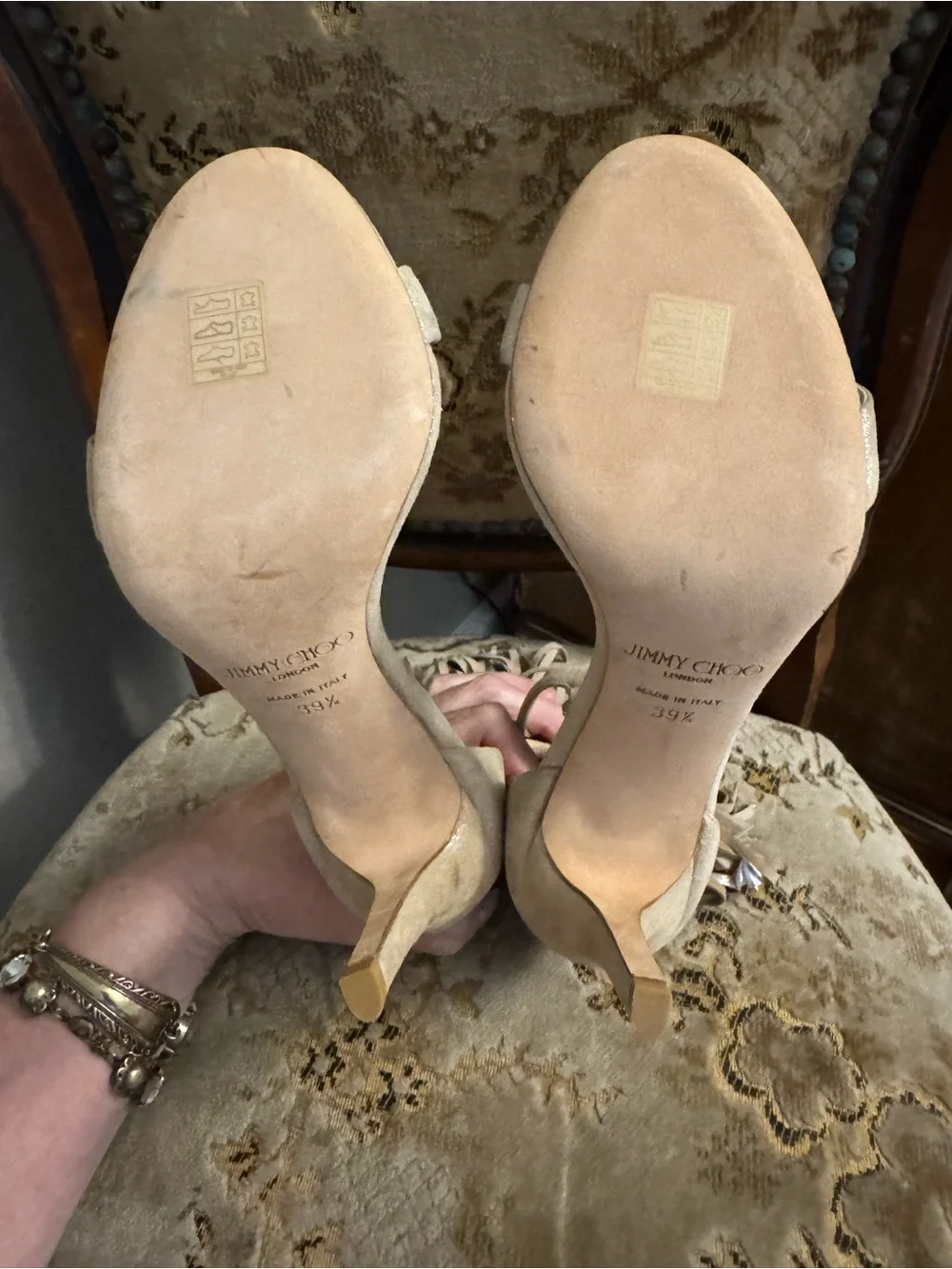 Jimmy Choo Champagne Tassel Heels Size 8.5 Shimmer Evening Shoes